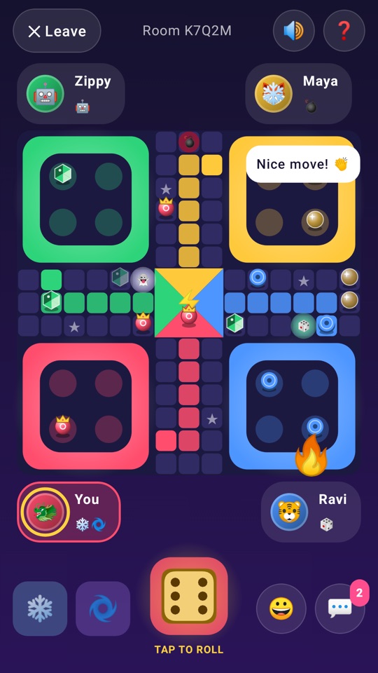 Ludo Zap game board with power-ups, a chat bubble and a reaction