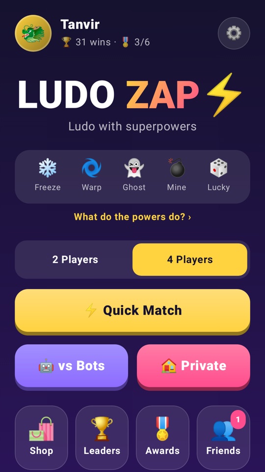 Home screen with game modes