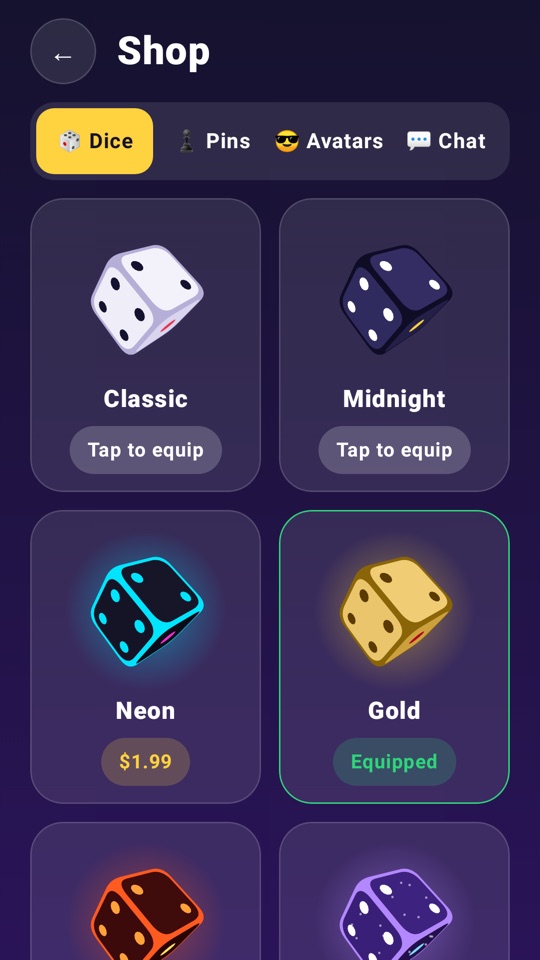 Shop with gold, neon, lava and galaxy dice