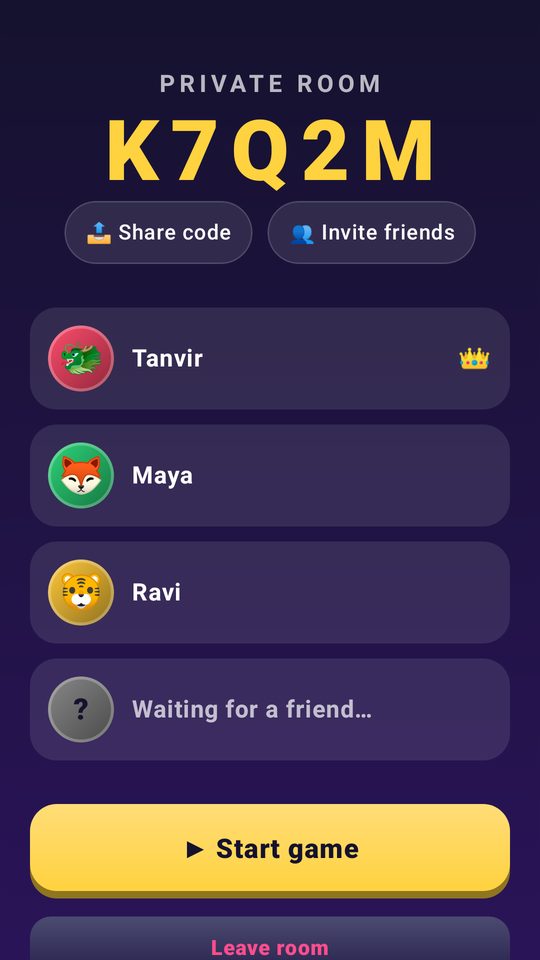 Ludo Zap private room lobby with room code K7Q2M, three players and a Start game button